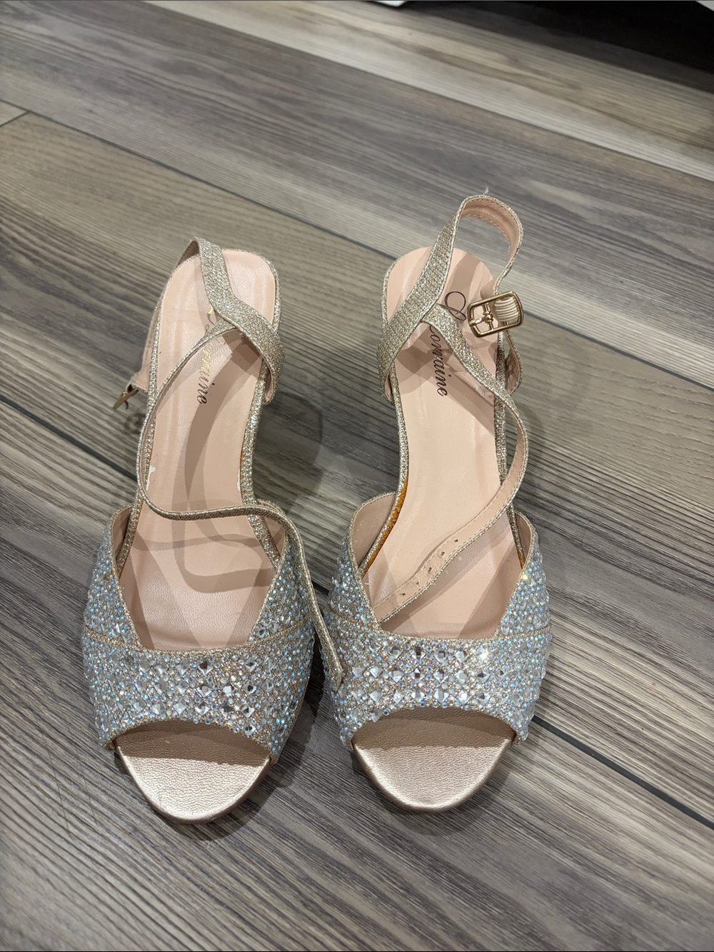 J.Renee Glitter Crystal Open-Toe Slingback Heels in Champagne